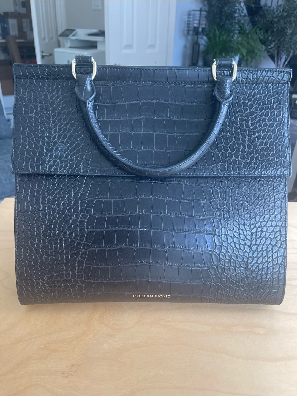 Modern Picnic Black Croc-Embossed Leather Briefcase
